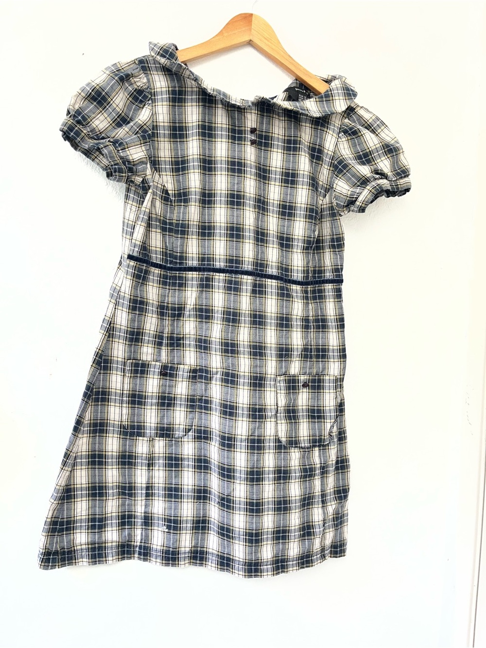 Love Navy and White Plaid Cotton Dress with Puff Sleeves